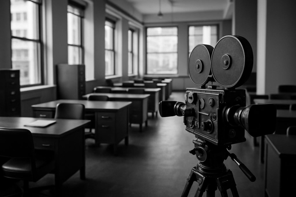 Vintage movie camera on a tripod in an empty office with rows of desks.
