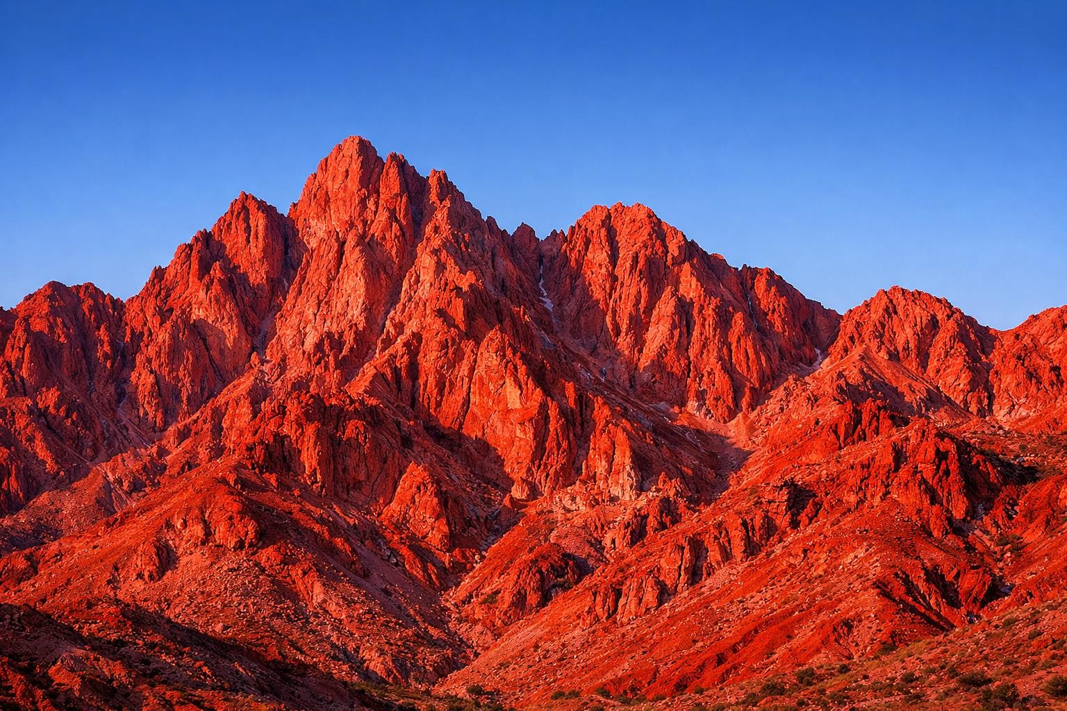 Jagged red mountain peaks under a clear blue sky at sunset