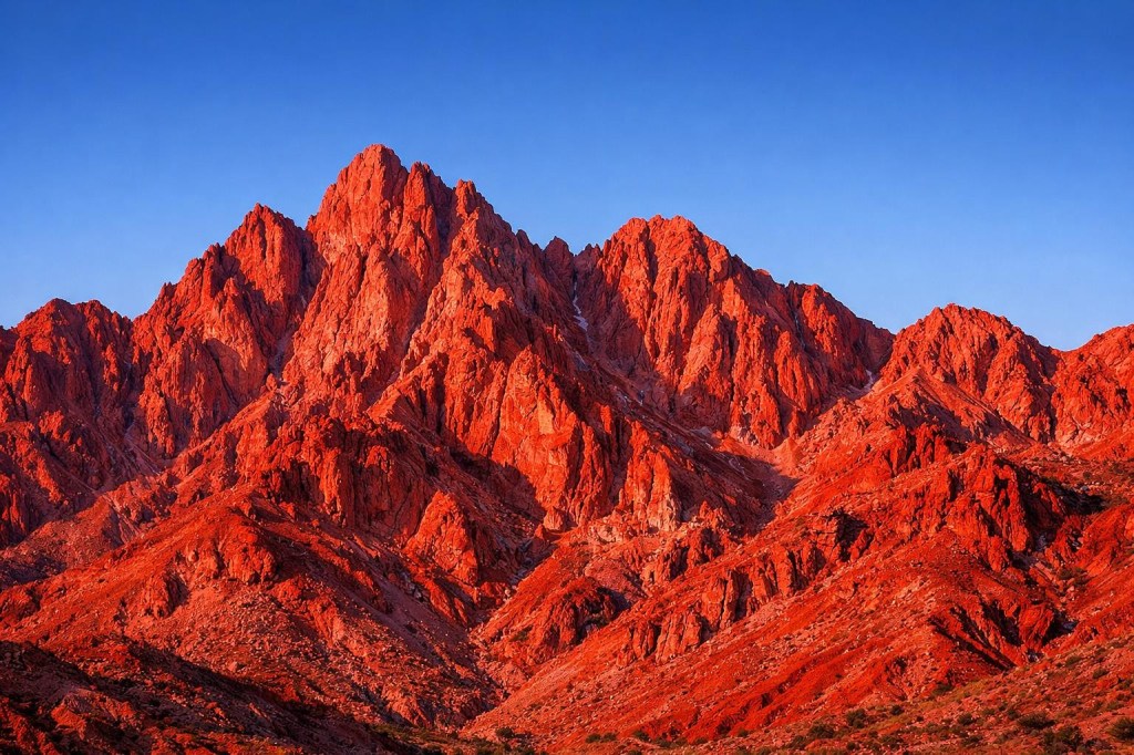 Jagged red mountain peaks under a clear blue sky at sunset