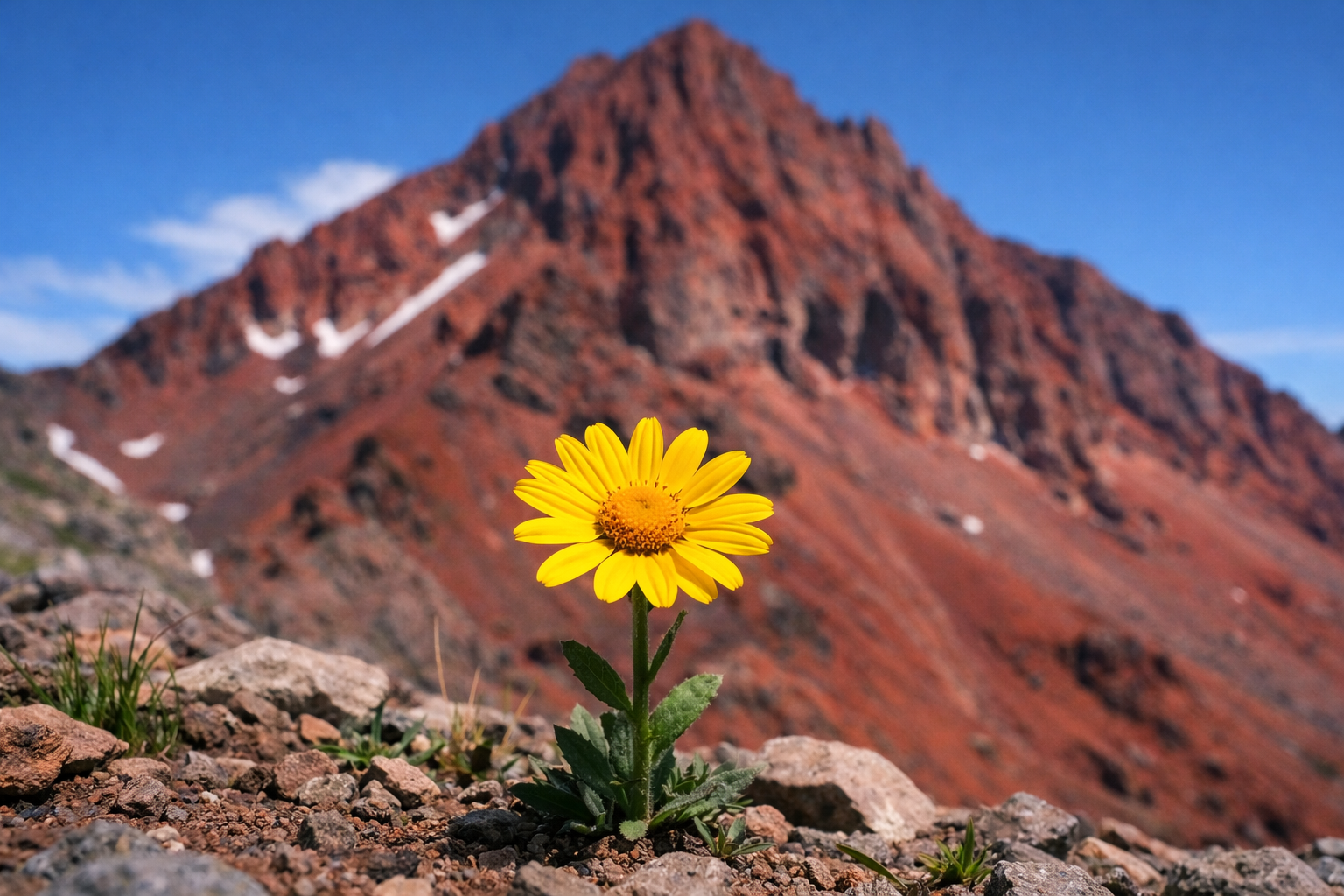 Yellow daisy-like flower growing among rocks with a red mountain in the background