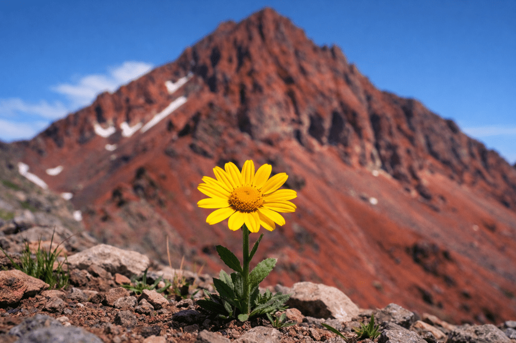 Yellow daisy-like flower growing among rocks with a red mountain in the background