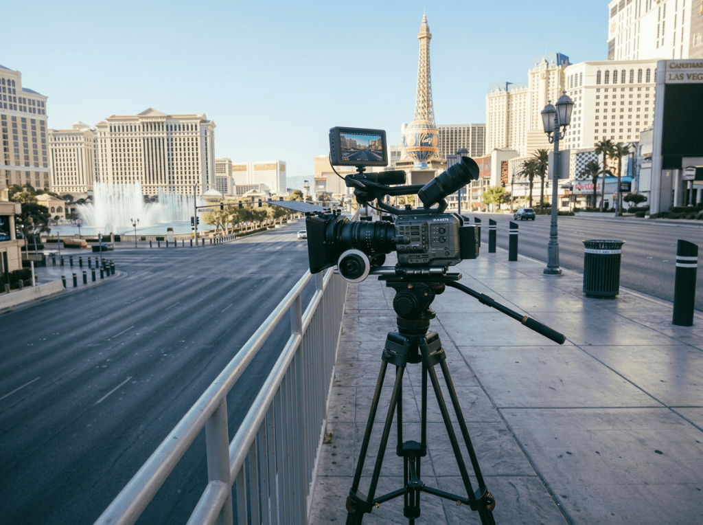 Woman filming Las Vegas cityscape at night from parking garage rooftop
