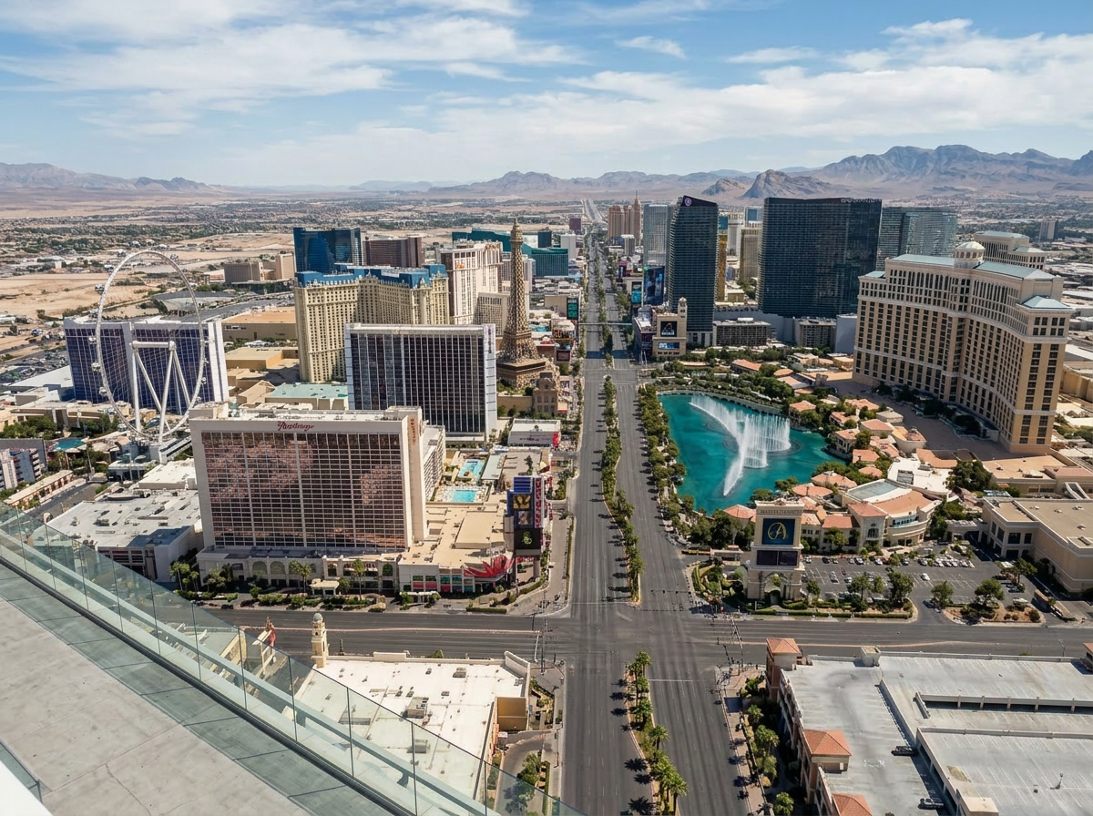 Aerial view of Las Vegas Strip with hotels, fountains, and distant mountains