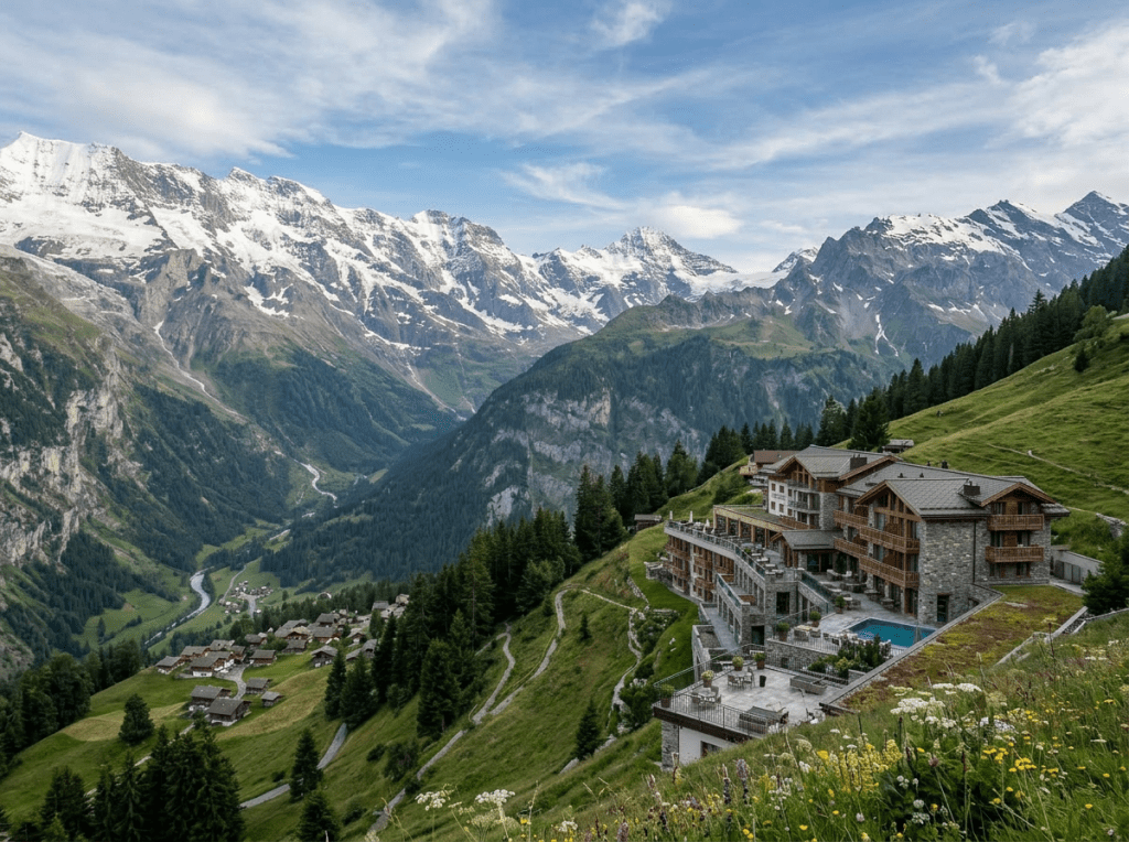 Mountain lodge on grassy hillside with village and snow-covered mountains