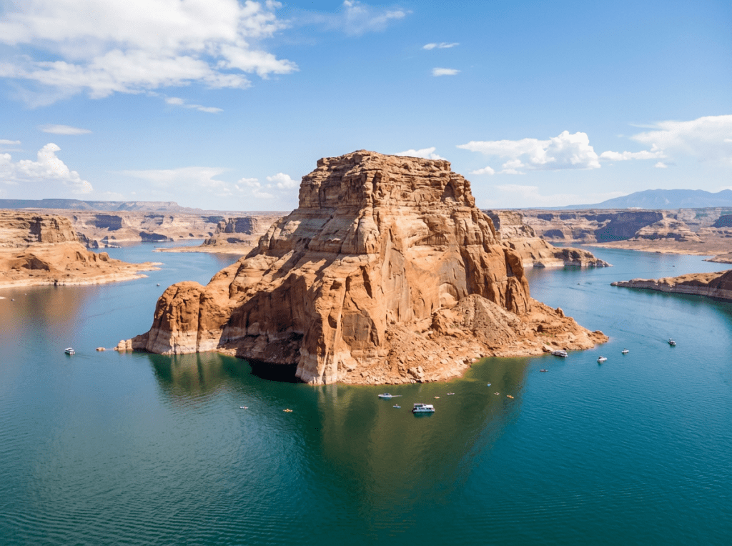 Aerial view of Glen Canyon National Recreation Area with lake, rock formations, and boat docks