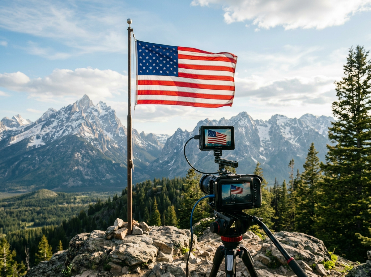 Camera filming American flag with snow-capped mountains in background