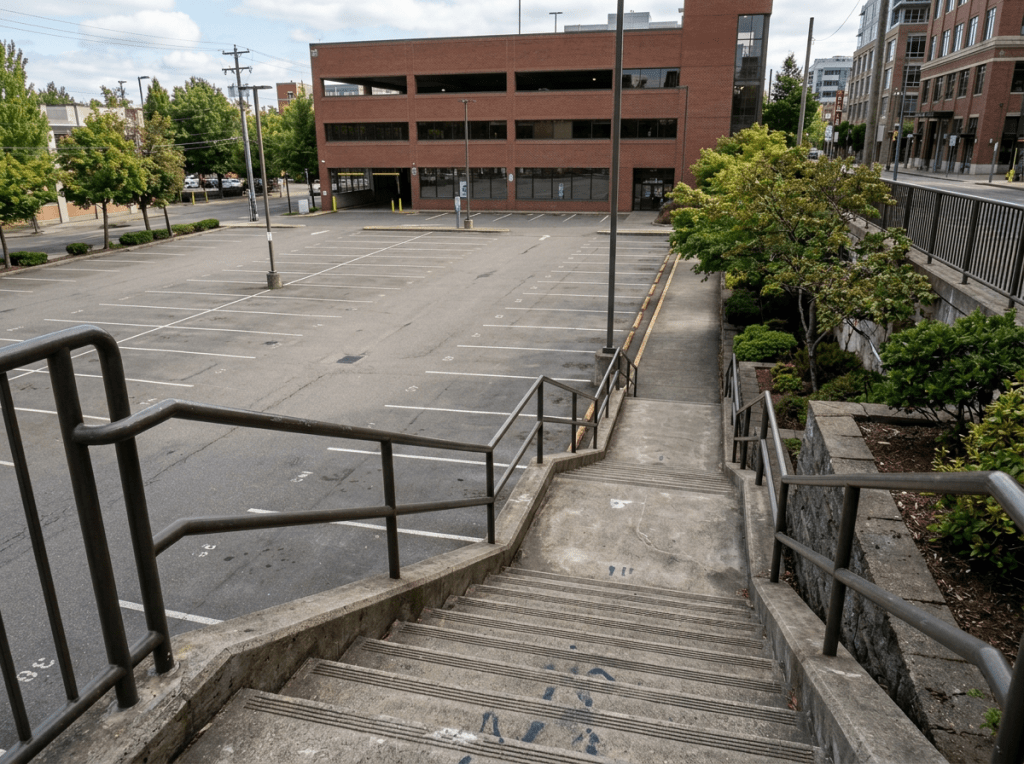 Concrete stairway and empty parking lot with brick buildings in background