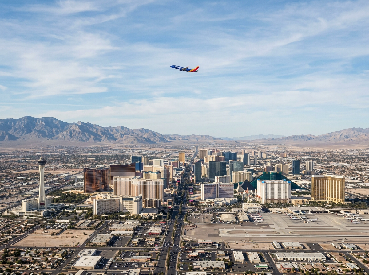 Southwest Airlines airplane flying above Las Vegas Strip and nearby airport runway