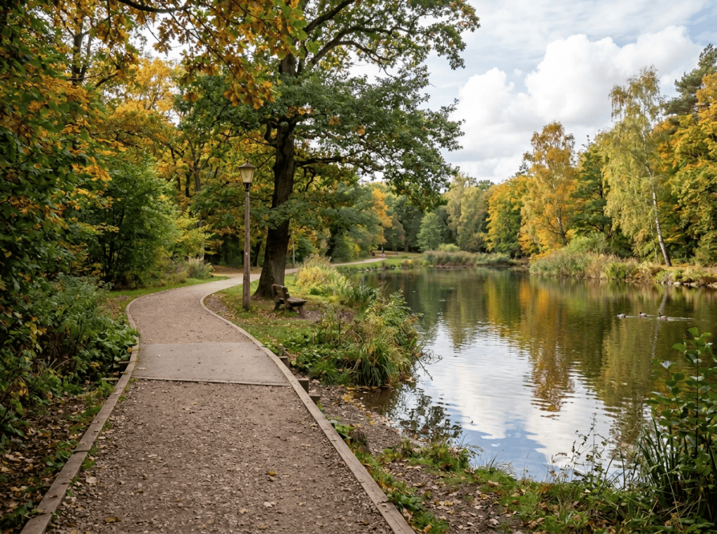 People walking along a pondside path in an autumn park