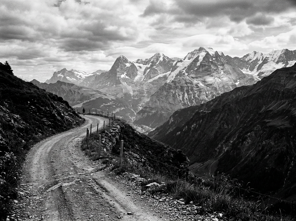 Rugged alpine trail overlooking snow-capped mountain peaks beneath cloudy skies
